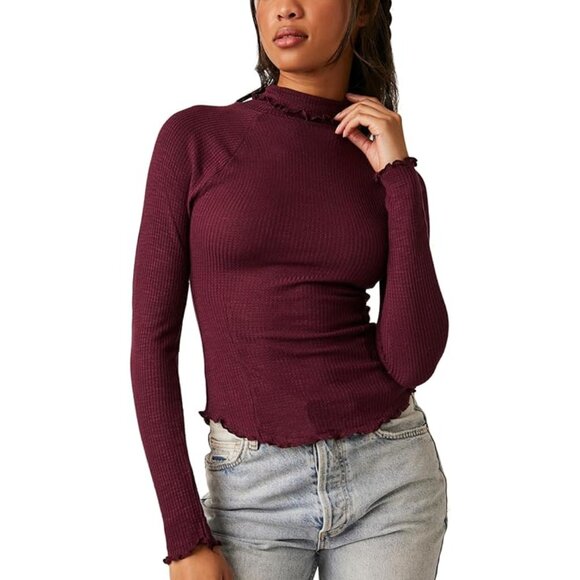 NWT Free People Make it Easy Thermal Long Sleeve in precious wine color - Picture 2 of 2